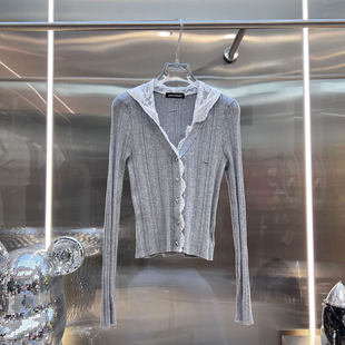 BBLY欧洲站小众深圳南油甜美针织开衫V领辣妹蕾丝花边连帽上衣女