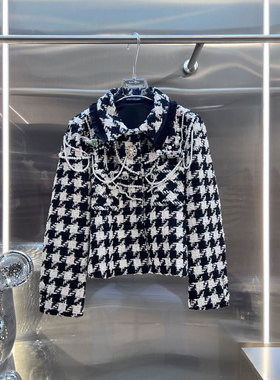 BBLY欧洲站小众南油高端荷叶边珍珠挂链格纹外套名媛百搭半裙套装