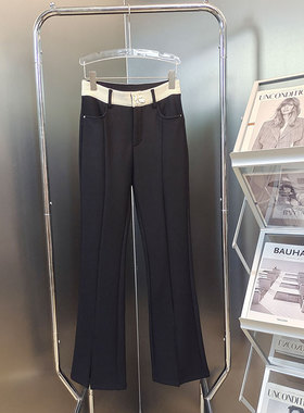 BBLY欧洲站小众英伦风黑色开叉微喇西装裤撞色高腰修身加绒长裤女