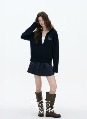 BBLY欧洲站小众JIYOOSOONG撞色假两件翻领外套字母刺绣宽松针织衫