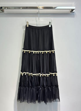 BBLY欧洲站小众深圳南油松紧腰垂感a字大摆伞裙吊坠工艺网纱半裙