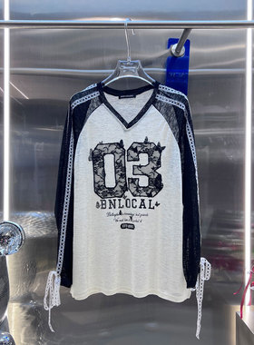 BBLY欧洲站小众BābyChìlling蕾丝刺绣字上衣母印花V领长袖T恤女