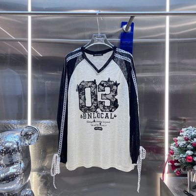 BBLY欧洲站小众BābyChìlling蕾丝刺绣字上衣母印花V领长袖T恤女