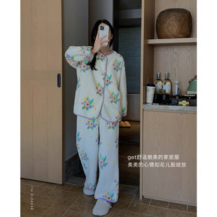 米粒绒暖暖衣2024冬季保暖休闲可外穿家居服睡衣套装女小熊碎花