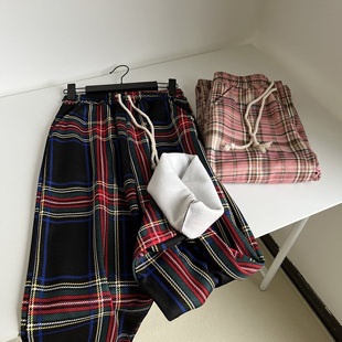 粉色格子裤加绒baby绒英伦格子抽绳有口袋松紧腰秋冬格子休闲裤子