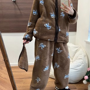 【实拍】蓝丝带连帽抽绳宽松拉链睡衣套装冬季毛绒加厚保暖家居服