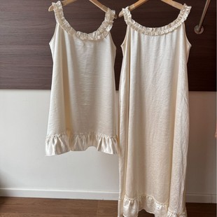 实拍仿醋酸缎珍珠白公主睡裙有口袋宽松甜美光泽吊带木耳花边裙子