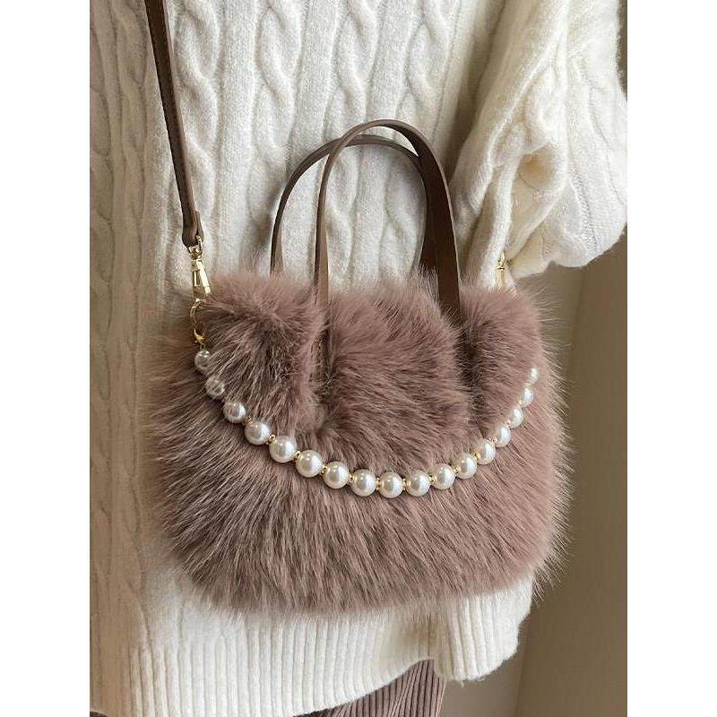 秋冬新款珍珠毛绒包斜挎包韩版时尚百搭手提包甜美可爱毛茸茸包女