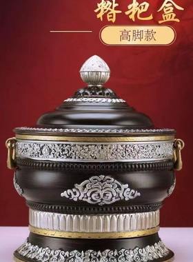 藏式格桑花合金糌粑盒款雕刻高脚果盘收纳罐直筒罐家用摆件