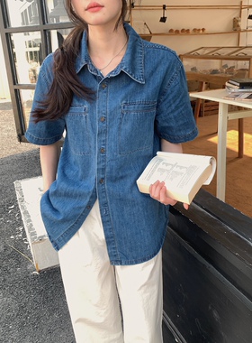 MOTOO自制春夏休闲牛仔短袖衬衫上衣