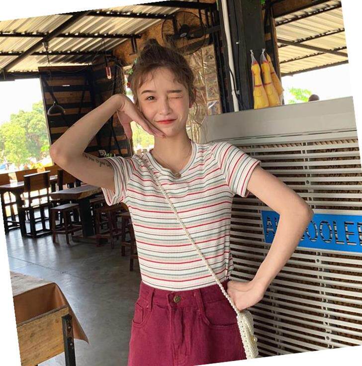 2019短款修身上衣新款ins洋气泫雅彩虹条纹短袖T恤女夏泫雅风衣服在类目 女装/女士精品, T恤中 - 来自Buy2taobao.com提供专业的淘宝代购服务