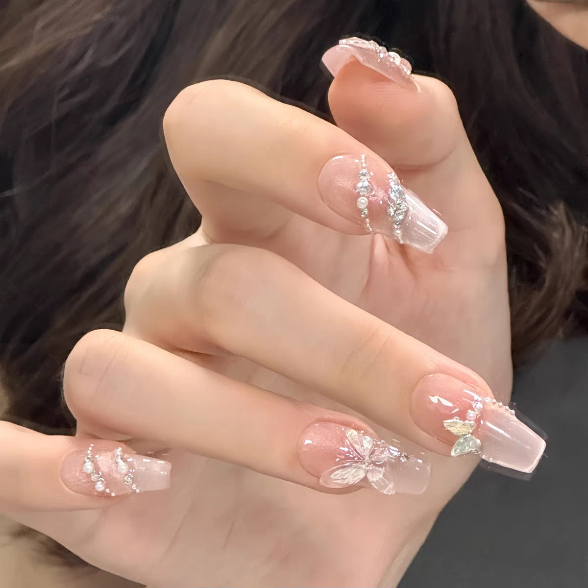 SP-177镜月蝶钻10片光疗手工穿戴甲猫眼蝴蝶纯欲碎钻显白甲片