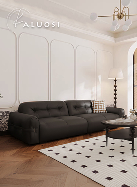法式复古风真皮沙发现代三人位中古黑色直排头层牛皮设计师家具