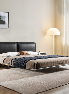 复古意式极简真皮床简约钢架豆腐块床黑色齐边双人主卧1.8m新婚床
