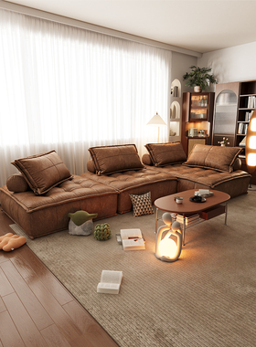 皮埃蒙特中古风油蜡皮法式复古小户型豆腐块全真皮沙发客厅组合