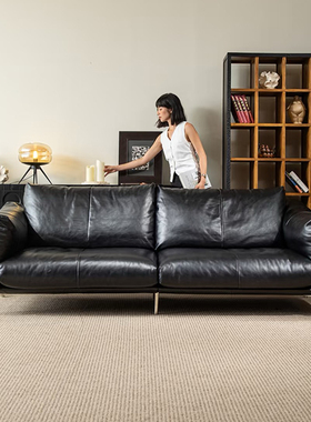 包豪斯法式复古风真皮沙发头层牛皮小户型中古风直排三人位客厅