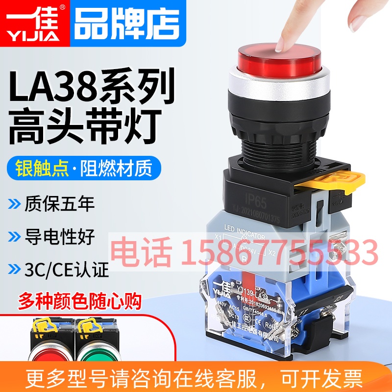 上海一佳工控电器YIJIA YJ139-LA38A-11DGN带灯按钮开关自锁复位