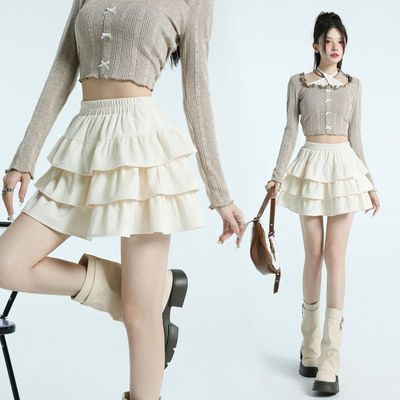 白色丝绒蛋糕裙半身裙女秋冬新款甜美芭蕾风高腰显瘦A字蓬蓬短裙