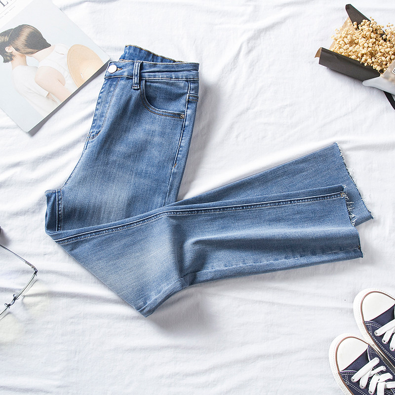 浅蓝色修身小直筒牛仔裤女高腰显瘦九分裤弹力百搭八分小个子