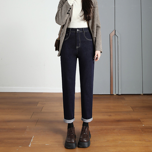 胖MM宽松直筒老爹裤 九分大码 女2024春秋新款 深蓝色高腰哈伦牛仔裤
