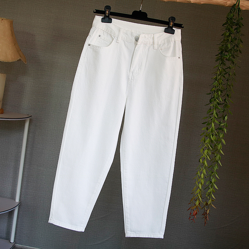 白色高腰牛仔裤女2025年春夏新款显瘦大码胖MM九分哈伦萝卜老爹裤