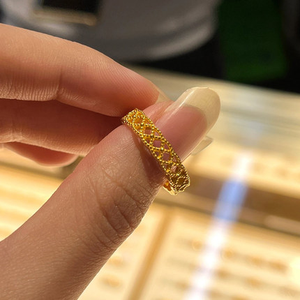 24K金镂空蕾丝戒指小众高级感5G黄金素圈钱币指环女百搭999不掉色