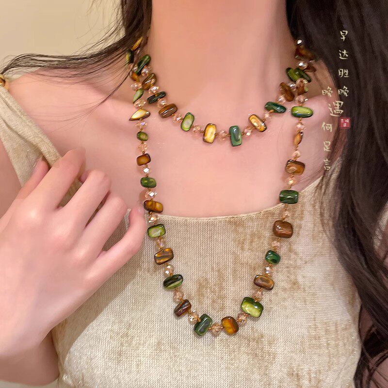 波西米亚风绿色天然贝壳项链女森系复古双层叠戴毛衣链高级感配饰