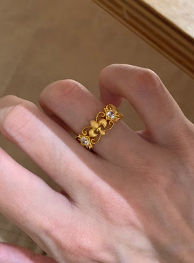 金色拉丝鸢尾花蕾丝仿闪钻戒指