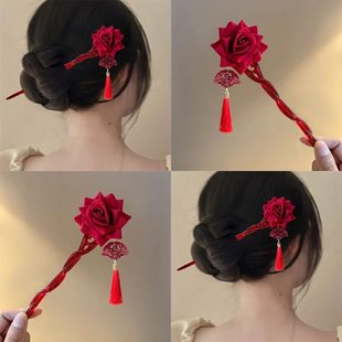 红玫瑰发簪新年红色花朵流苏簪子高级盘发发饰新娘头饰敬酒服发饰