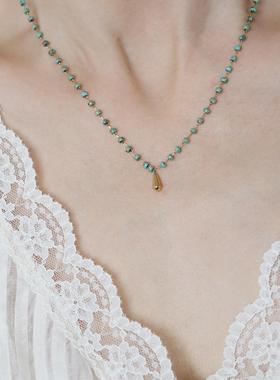 不掉色~显白温柔复古小众轻奢绿色串珠水滴项链女锁骨链礼物