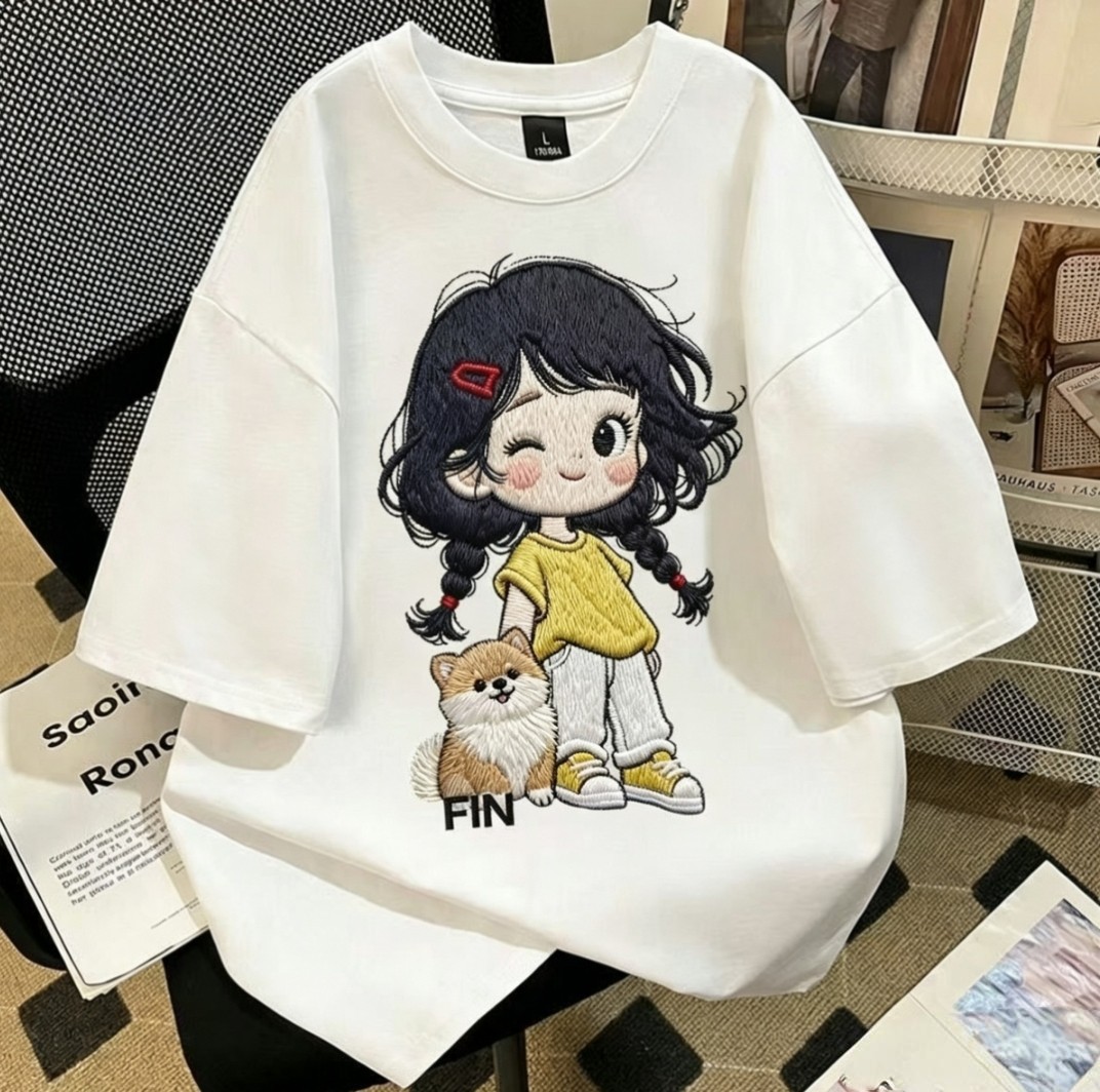 慵懒风防刺绣小女孩印花纯棉T恤男女宽松显瘦中长款落肩半袖