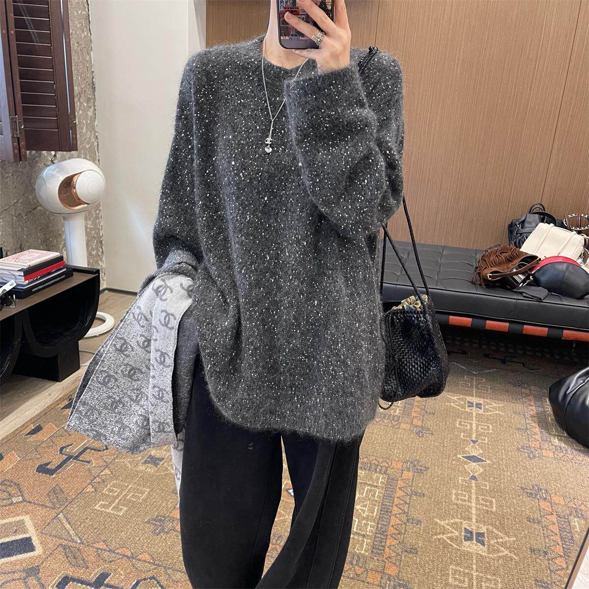 亮片羊驼绒西瓜红了圆领宽松