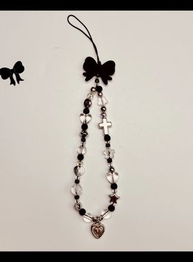 甜酷黑色爱心吊坠ccd相机挂饰手机壳挂绳配件拍立得防丢手绳手工