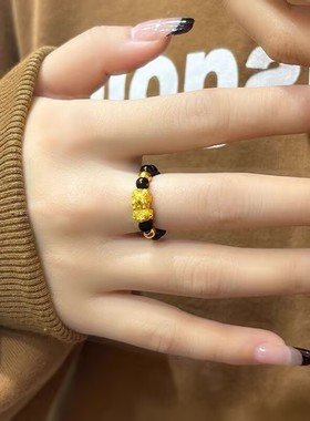 简约可可爱爱的貔貅戒指金色珠招财好运情侣戒指小众编织戒