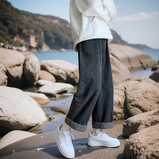 灰黑高腰牛仔裤女2024春秋韩版学生宽松显瘦阔腿直筒裤