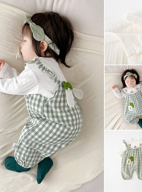 婴幼儿小公主衣服春季长袖小月龄女宝宝连体衣格子满月婴儿爬爬服