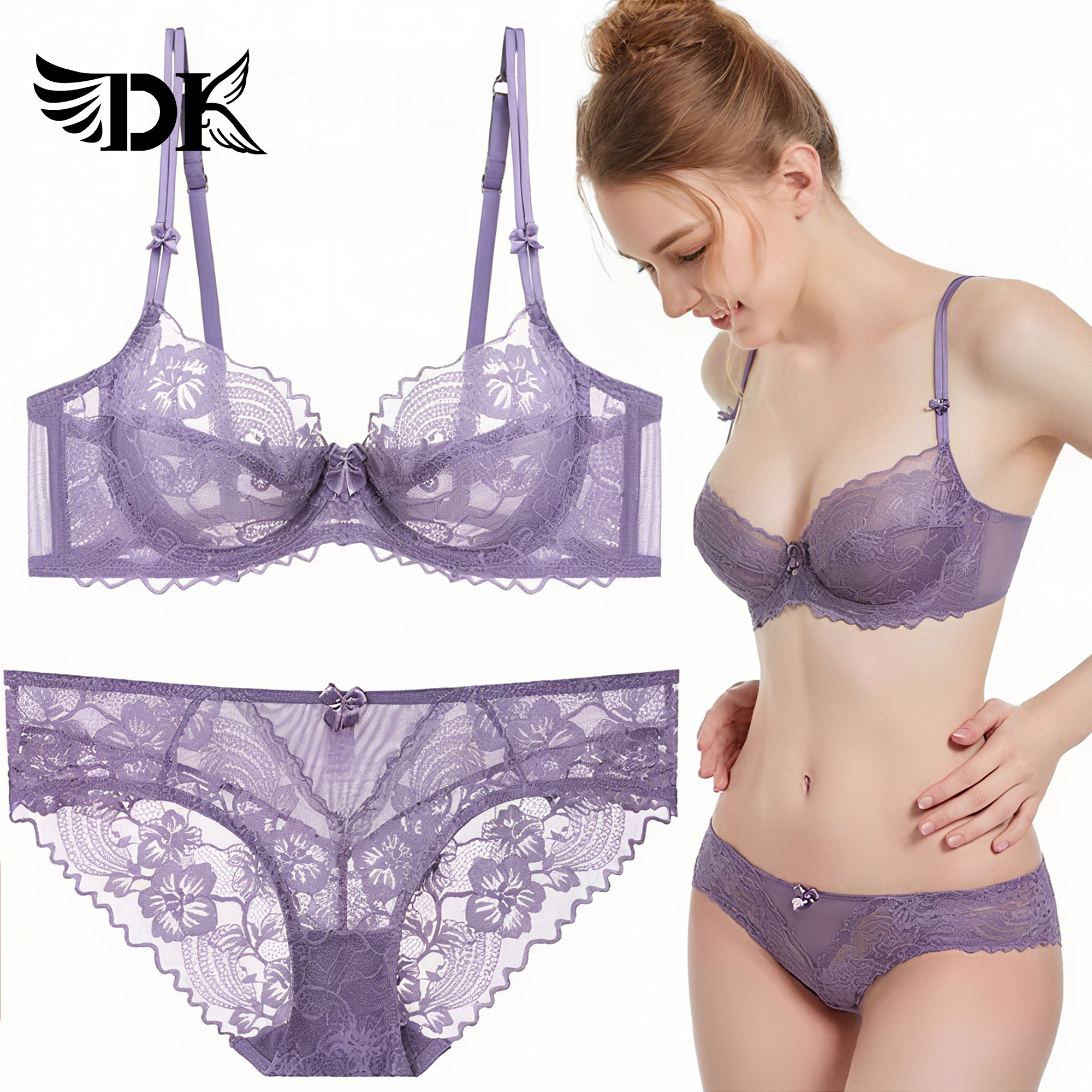 DK维多利亚法式超薄透气蕾丝内衣女聚拢上托文胸套装紫色性感优雅