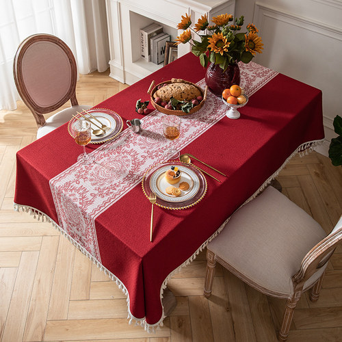 新中式红色布艺餐桌桌布长方形
