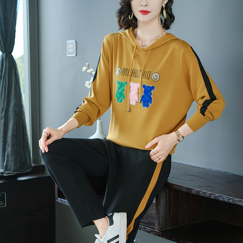 连帽卫衣休闲运动套装女秋季新款中年妈妈显年轻针织冰丝两件套潮