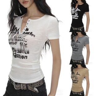 新款 美式 辣妹字母涂鸦短袖 T恤女夏季 上衣7201 计感圆领纽扣修身