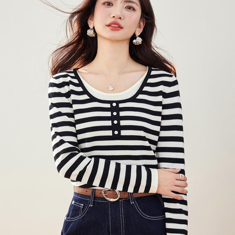 实拍◆法式条纹针织衫女早秋感拼接设计假两件长袖上衣