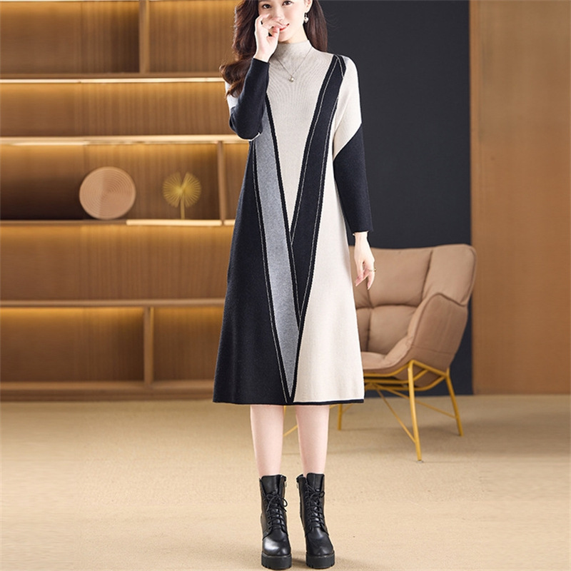 2025秋冬新款内搭中长款撞色毛衣裙女韩版宽松针织过膝针织连衣裙