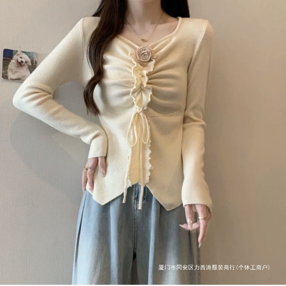 秋冬韩版领抽褶立体花纯欲设计显瘦安迪绒针织打底上衣厚可挂脖
