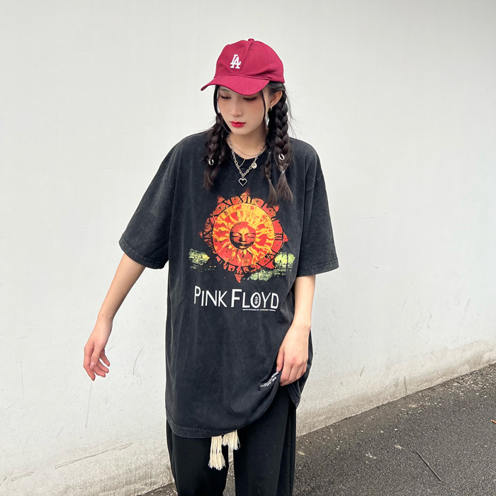 pinkfloyd乐队 太阳神笑脸超火短袖 水洗复古高街休闲圆领t恤男女