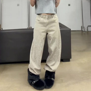 今年流行爆款2026春新款梨形身材高腰宽松直筒烫钻设计阔腿牛仔裤