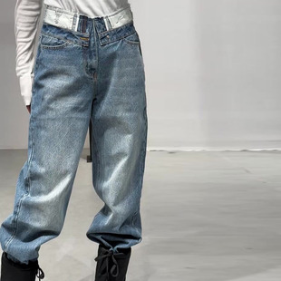 美式翻边腰部设计阔腿牛仔裤2026春新款梨形身材高腰宽松直筒裤女