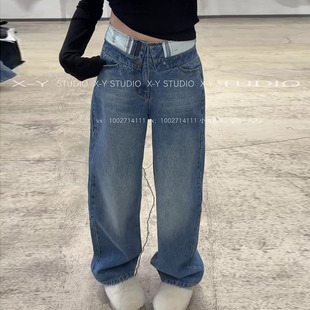 美式腰头翻边设计阔腿牛仔裤女2026春新款梨形身材高腰宽松直筒裤