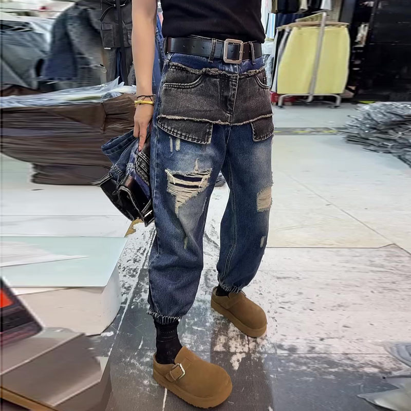 美式拼接设计束脚牛仔裤女2026秋季新款梨形身材高腰假破洞直筒裤