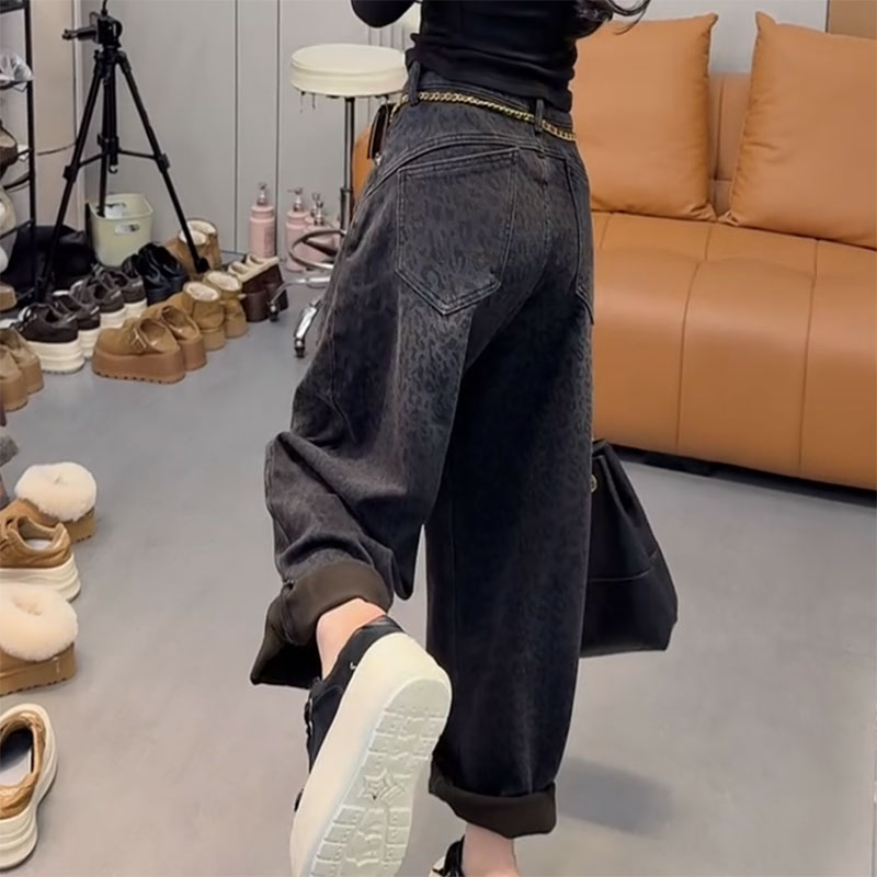 加绒加厚2025冬季新款今年流行爆款高腰宽松阔腿豹纹弯刀牛仔裤子