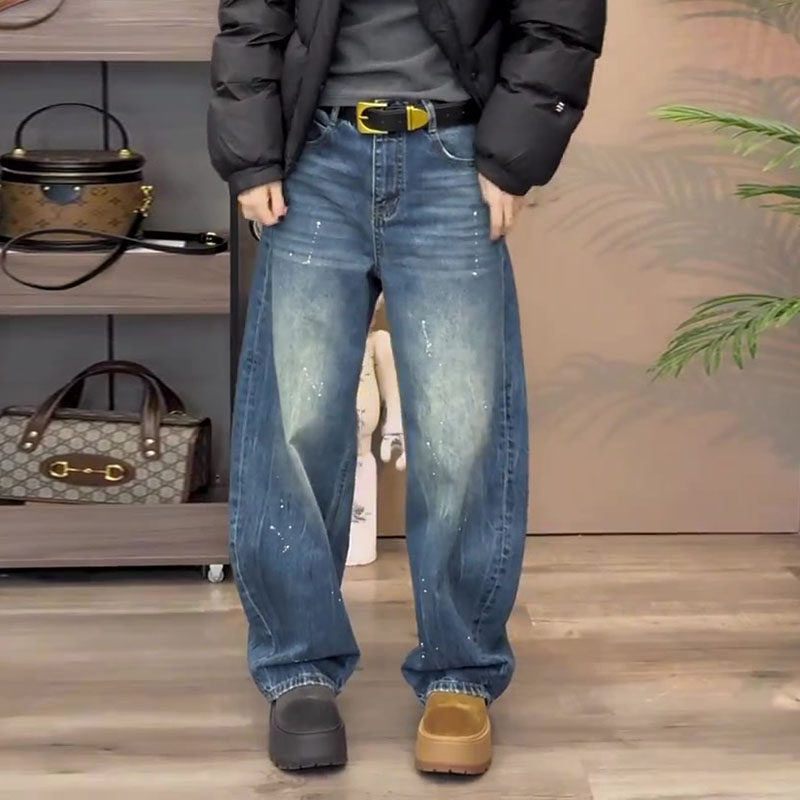 美式高街2026春新款今年流行爆款高腰宽松直筒泼漆弯刀阔腿牛仔裤,女装/女士精品,牛仔裤,淘宝优惠券,粉丝福利购,淘宝优惠卷